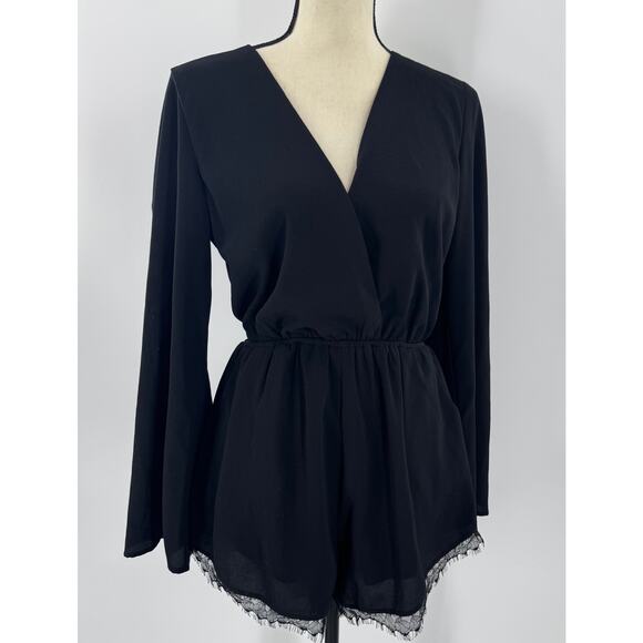 Illa Illa Black Romper Shorts Jumpsuit Long Sleeve Formal Wrap Lace Cockatail S - Picture 2 of 4